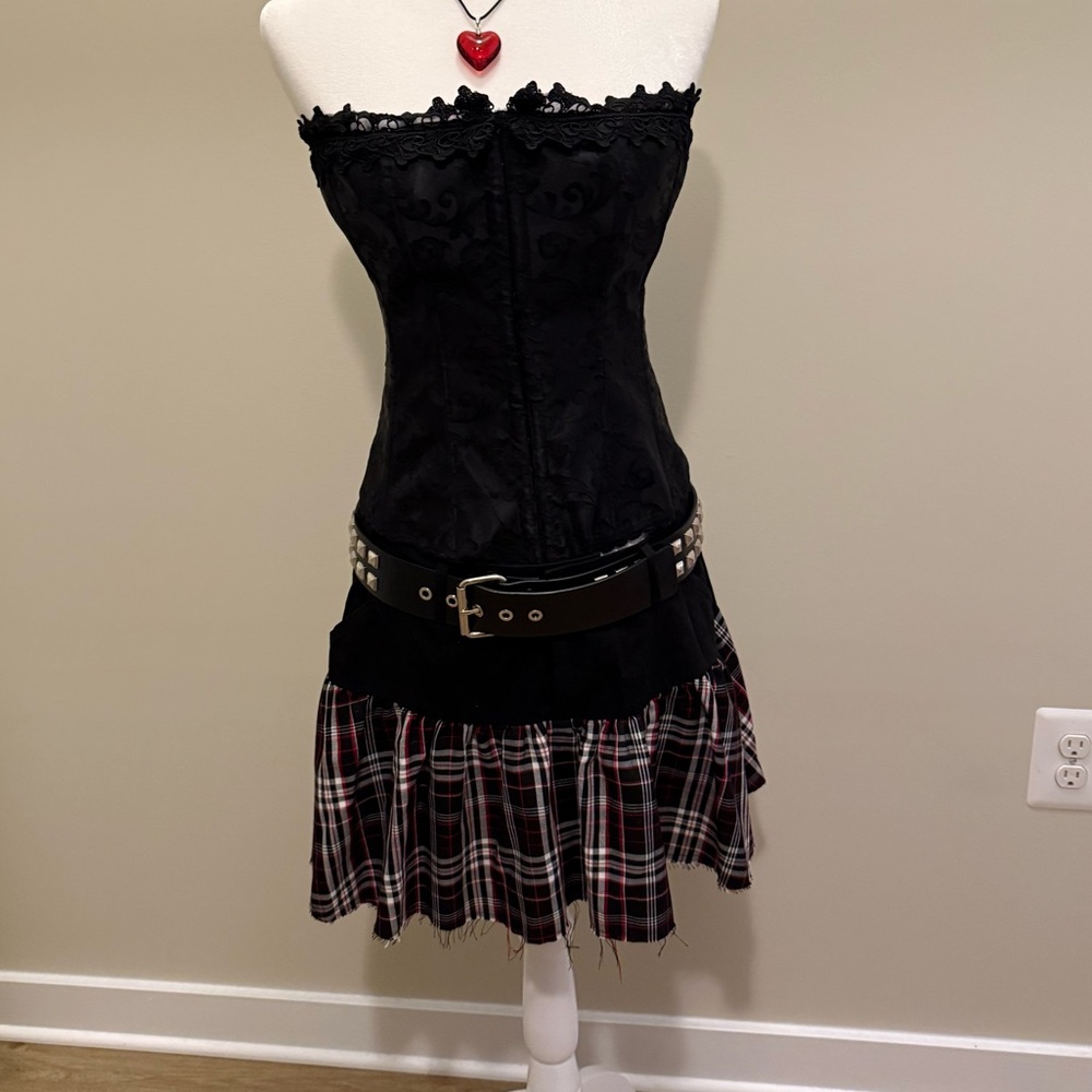 Hot topic red and black plaid miniskirt with studded belt. Size L